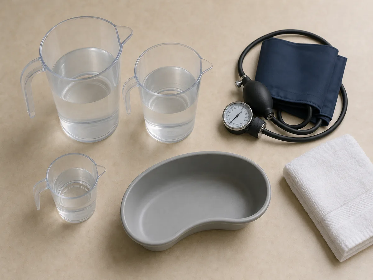 Measured fluid containers, a blood pressure cuff, and an empty emesis basin arranged for clinical assessment