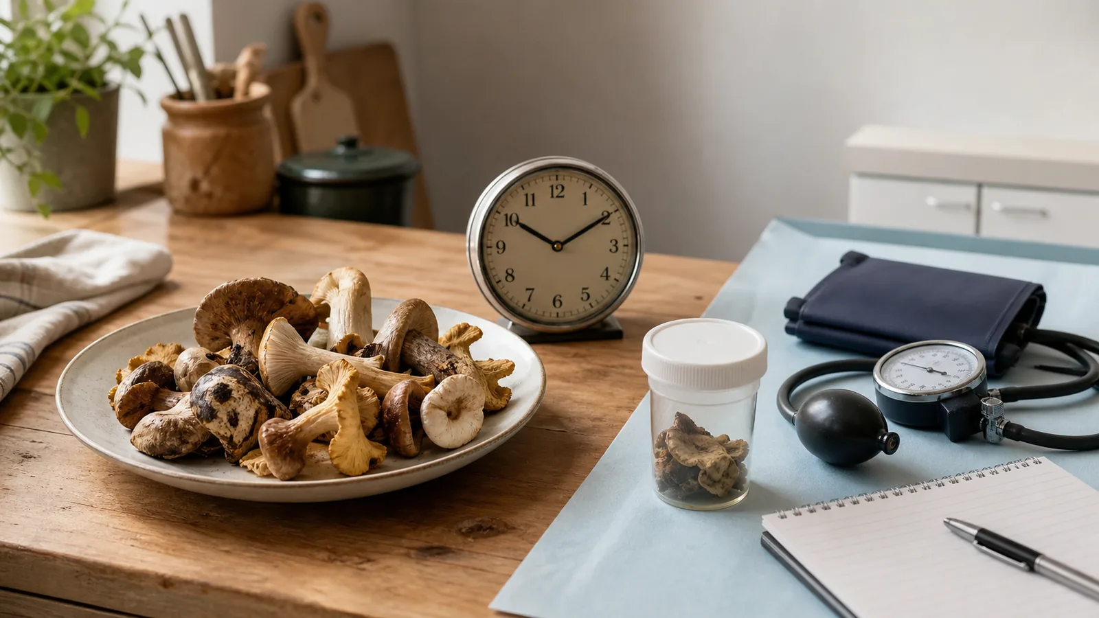 Wild mushroom meal evidence beside a clock and clinical assessment tools