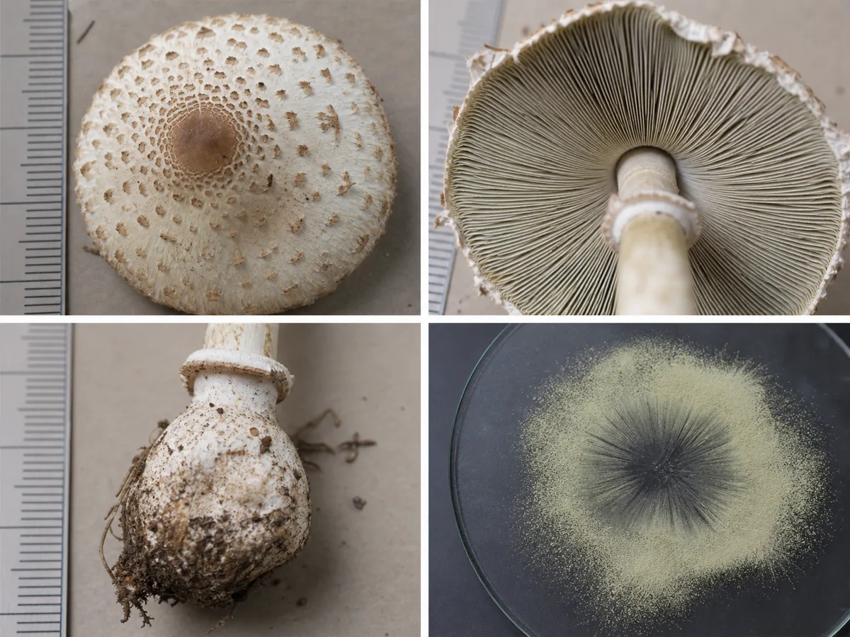 Close details of gills, stem base, cap surface, and a greenish spore deposit from a preserved parasol specimen