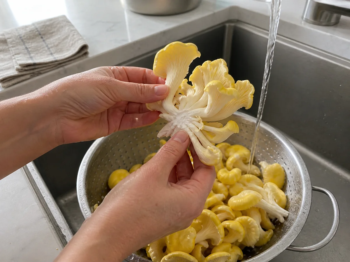 Golden oyster fans separated over a colander beside running water and a clean towel - cleaning golden oyster mushrooms