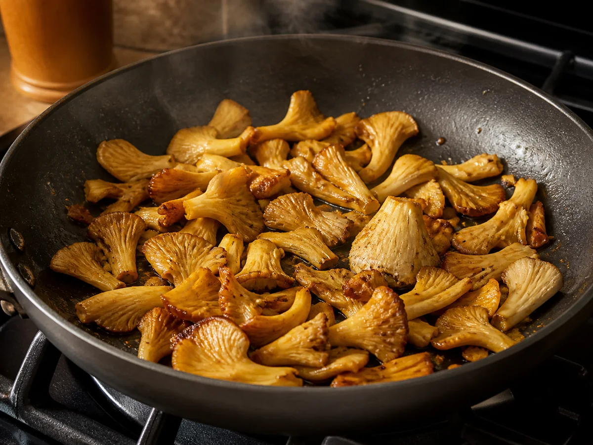 Golden oyster mushrooms browned and steaming in a shallow skillet - cooked golden oyster mushrooms