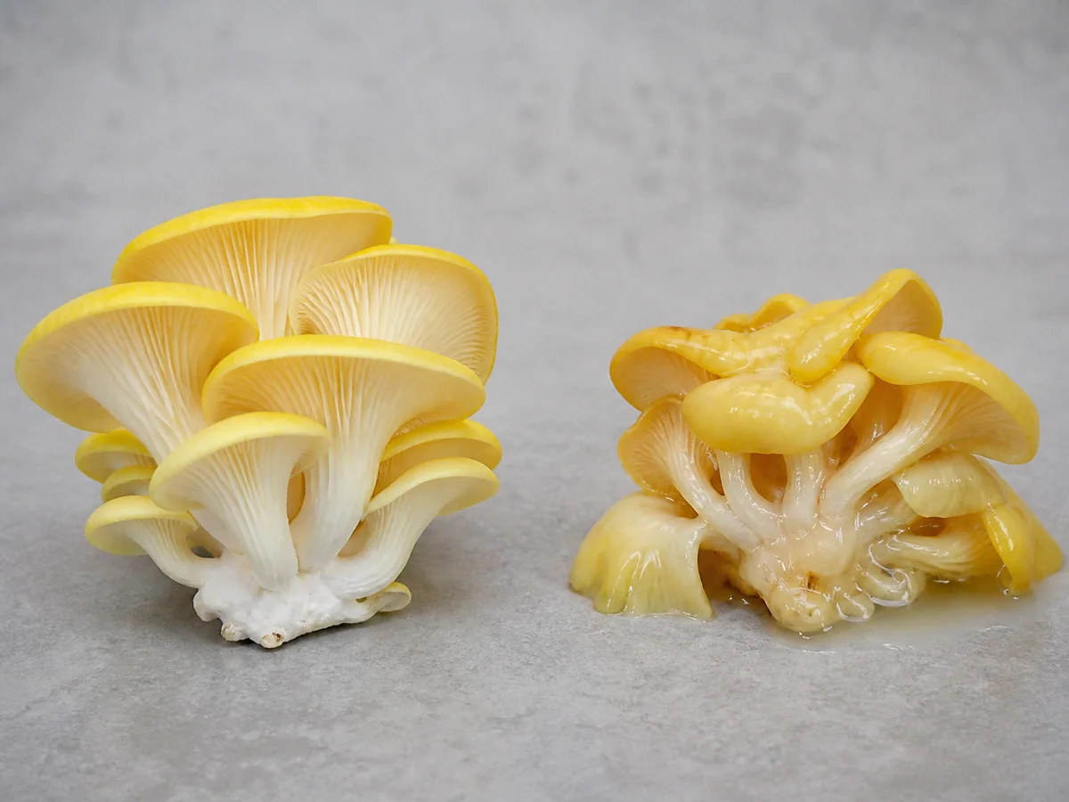 Fresh dry golden oyster cap edges compared with a separate slimy collapsed specimen - golden oyster freshness
