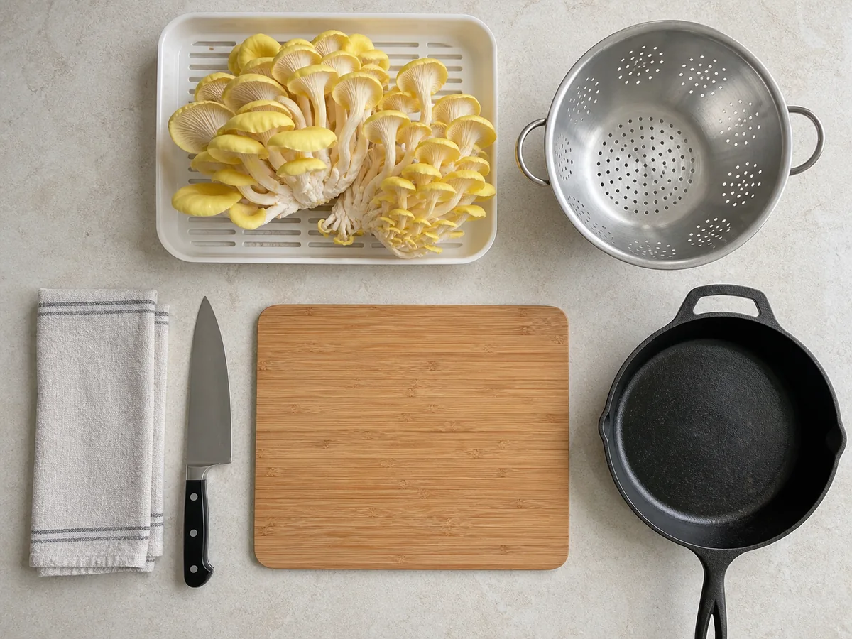 Labeled golden oyster mushrooms beside a colander, clean knife, board, and skillet - golden oyster pregnancy safety