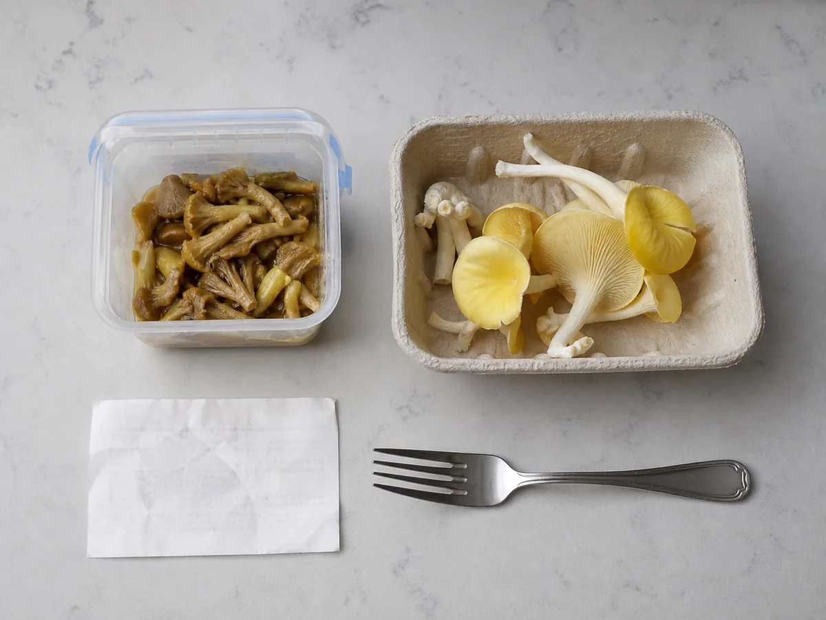 Sealed golden oyster leftovers beside the original tray, receipt, and a dinner fork - mushroom exposure evidence