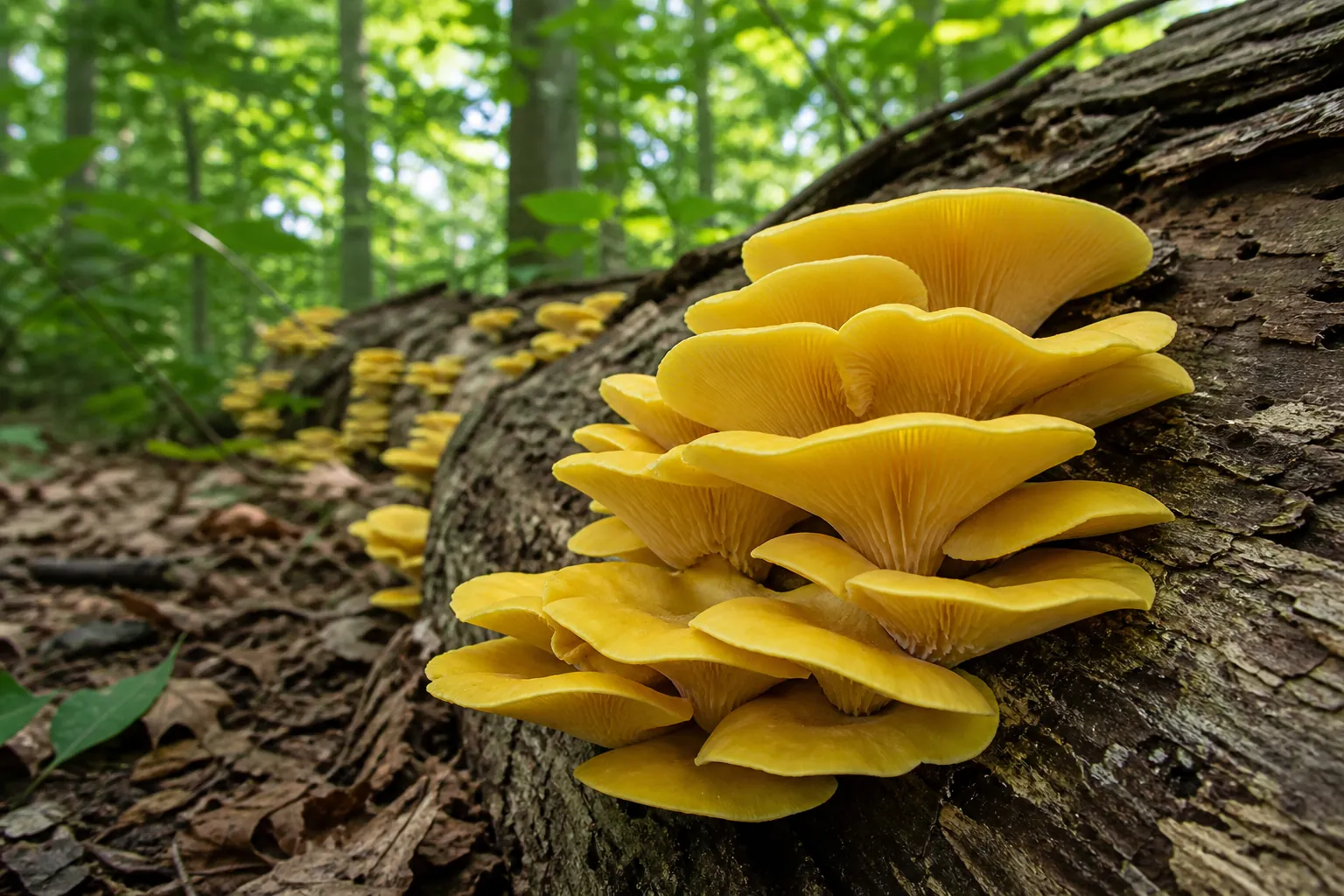 Bright yellow golden oyster clusters fruiting from the bark of a fallen hardwood log in summer woodland