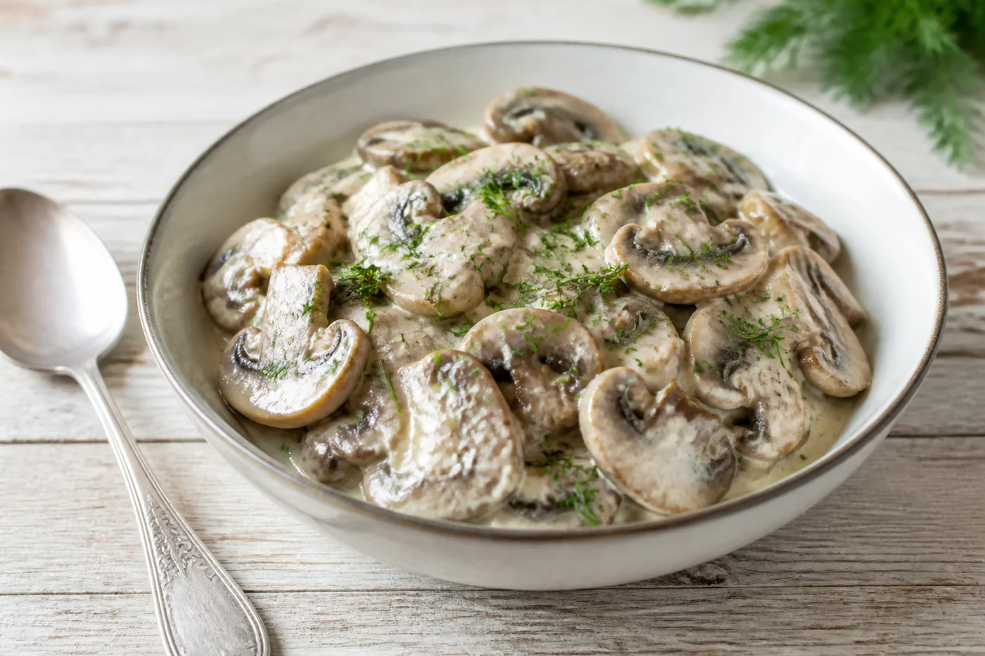 A bowl of cooked sliced mushrooms in a creamy sauce with chopped dill on top and a spoon resting beside it on a pale wooden table