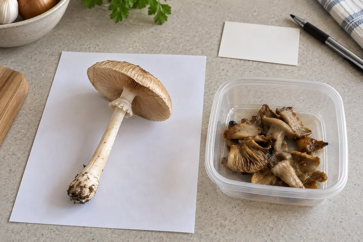 An intact representative mushroom with its entire stem base on separate paper beside retained cooked mushroom fragments in a container