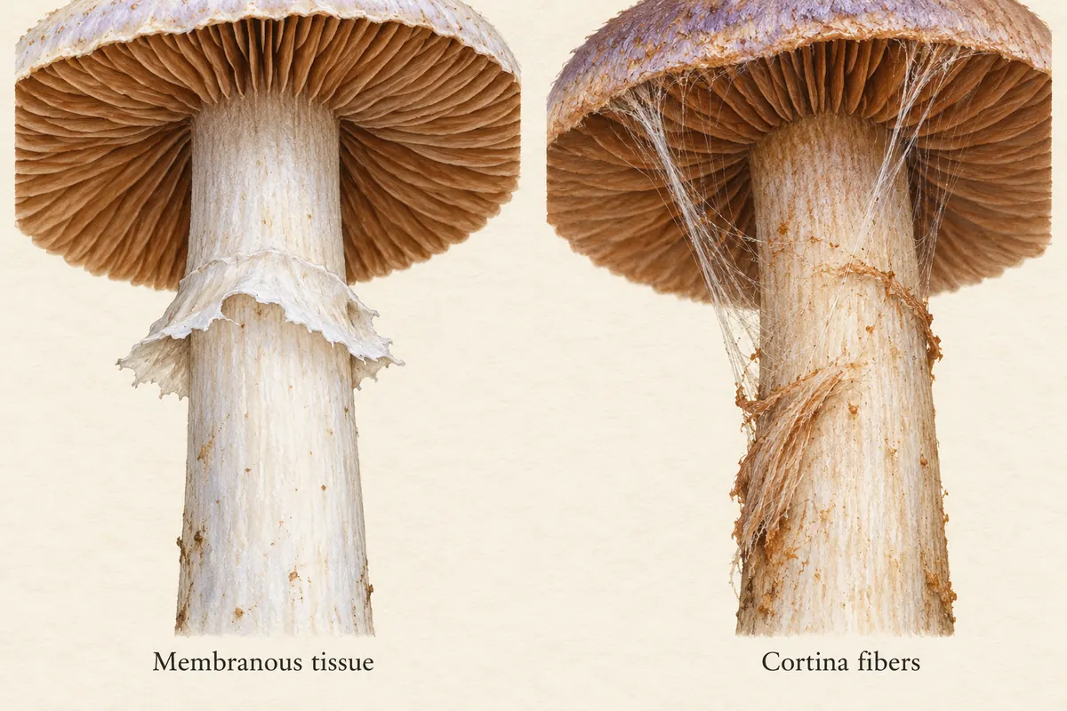 Two illustrative stem details comparing a projecting white tissue ring with fine cobweb-like cortina fibers