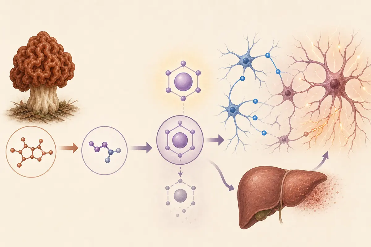 Medical teaching illustration linking gyromitrin conversion with vitamin B6 chemistry, reduced inhibitory brain signaling, and liver stress