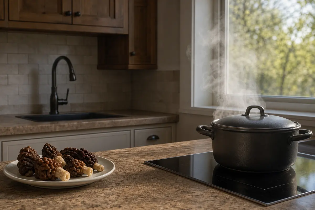 Split documentary scene showing a plated false morel meal and steam rising in a poorly ventilated kitchen
