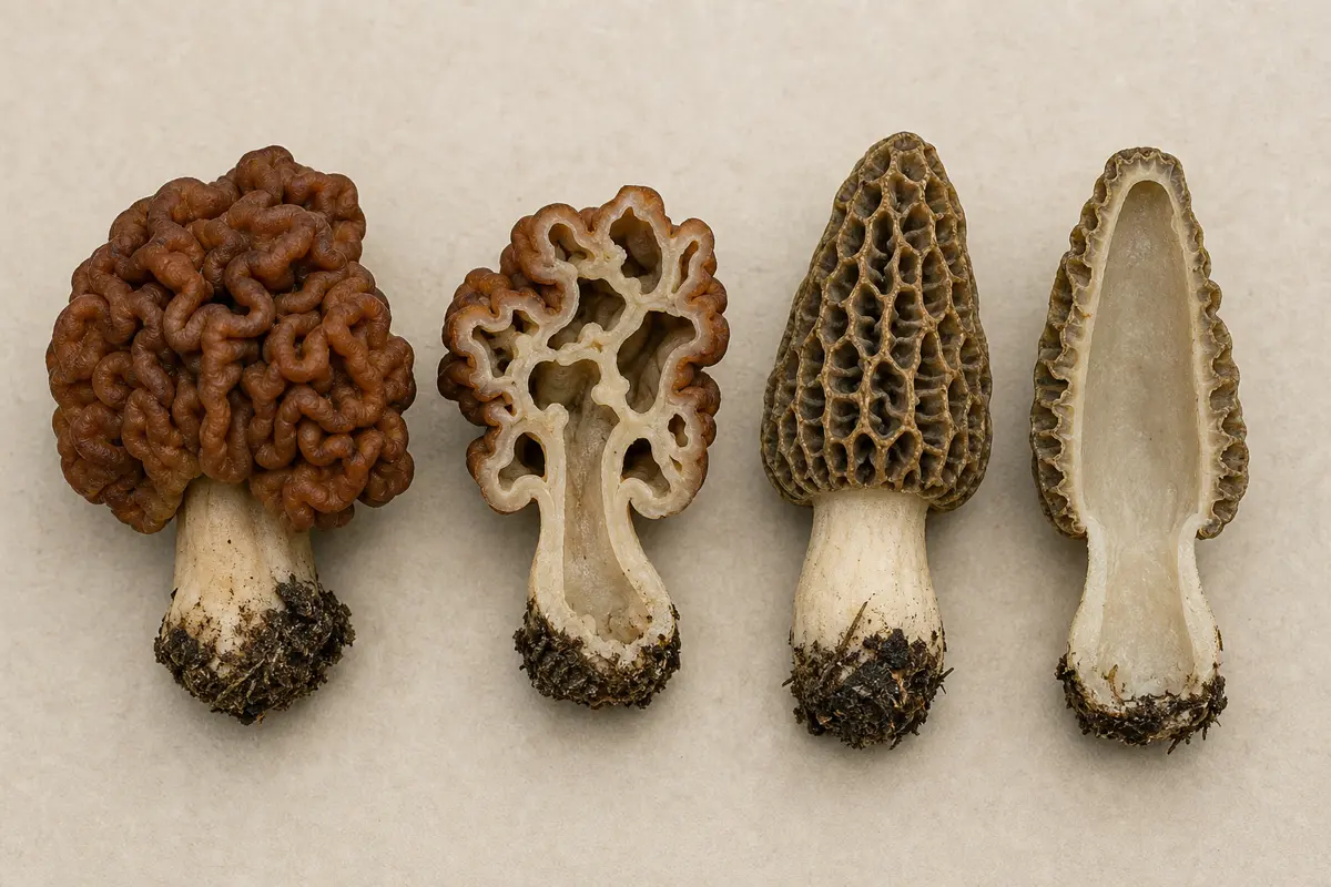 Complete lobed false morels arranged beside a pitted true morel with stems cut lengthwise for structural comparison