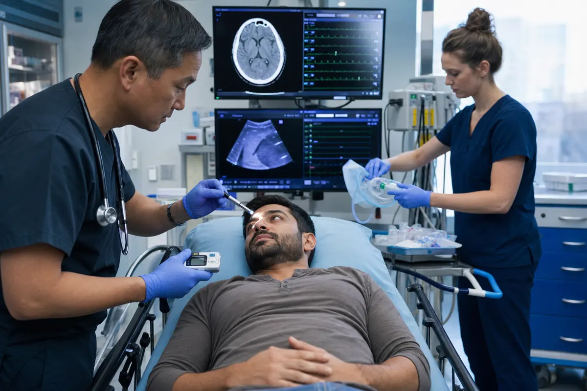Emergency clinicians monitoring a stable patient with neurological observations, glucose testing, and airway equipment ready nearby