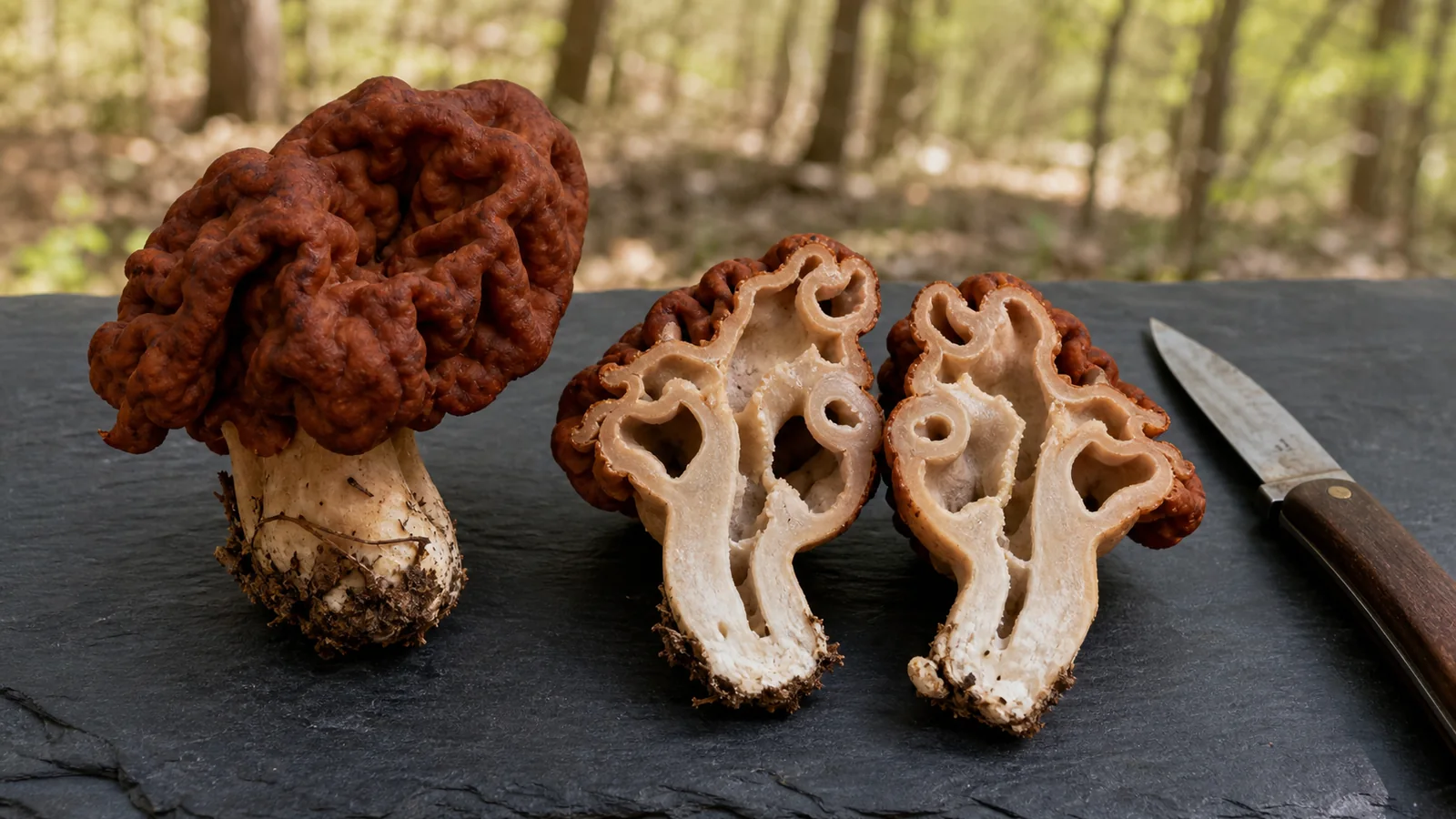 False morel mushroom and lengthwise cut halves showing irregular internal chambers - gyromitrin poisoning | KnowTheSpore
