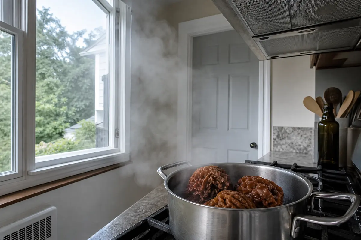 Kitchen safety scene with steam rising from a pot of unidentified false morels toward an open window while people remain outside the room