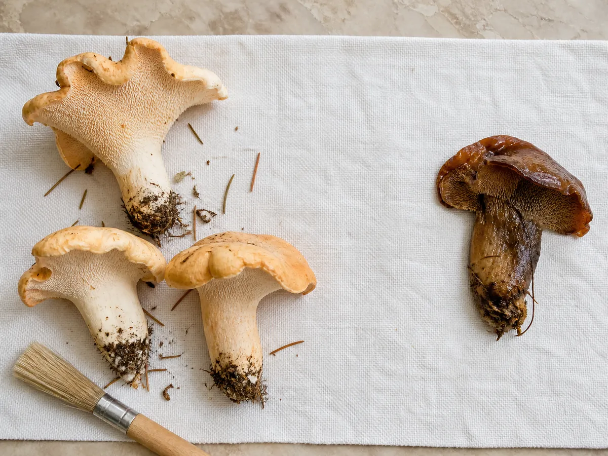 Sound hedgehog mushrooms with removable dry needles separated from one slimy collapsed discard specimen on a kitchen towel