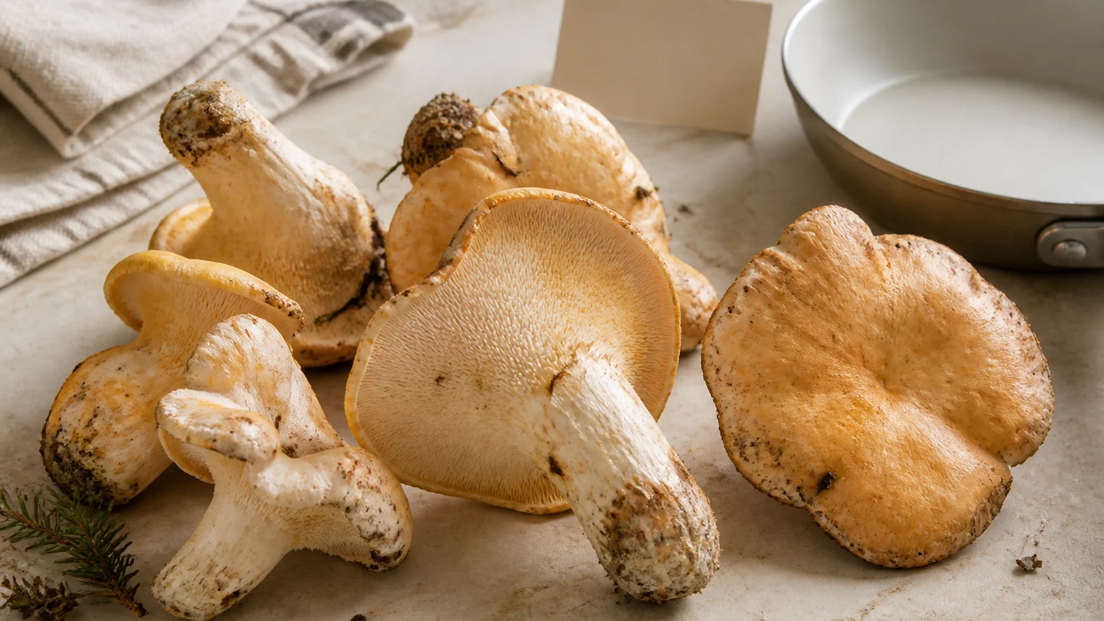 Whole hedgehog mushrooms beside a clean pan and supplier card - hedgehog mushroom pregnancy safety | KnowTheSpore