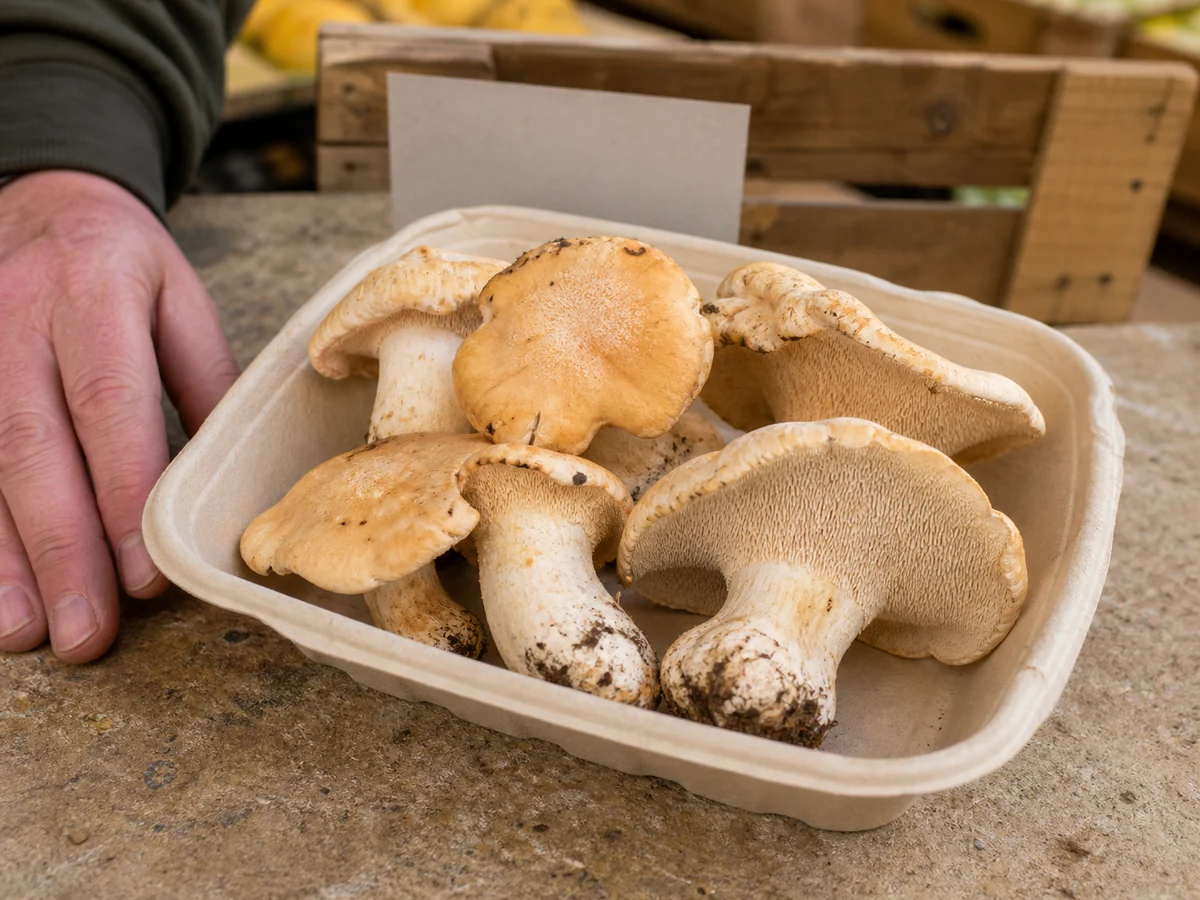 Small paper punnet of intact hedgehog mushrooms beside an adult hand and a plain supplier card