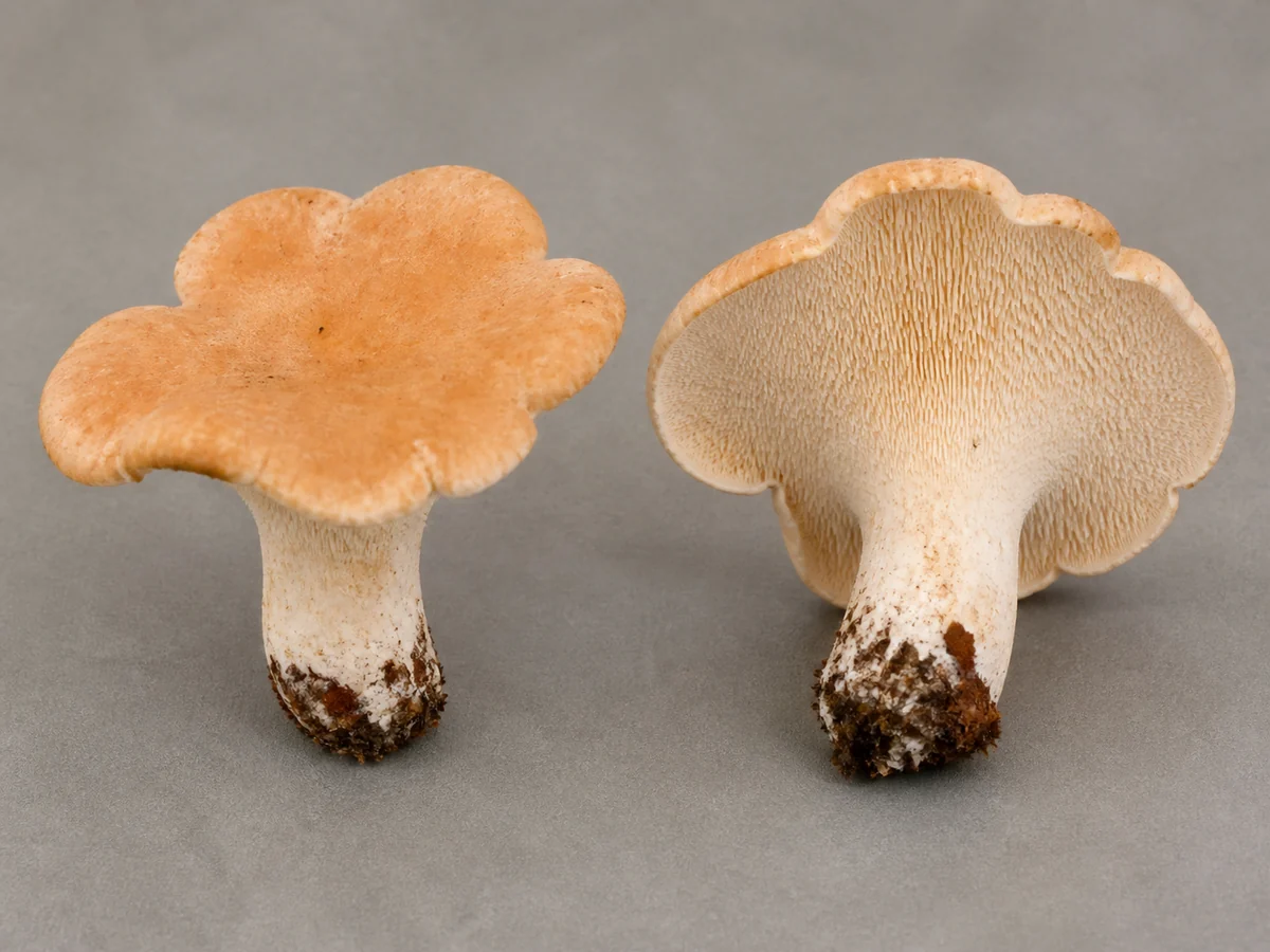 Two intact hedgehog mushrooms from one batch, one cap-up and one underside-up with pale teeth visible