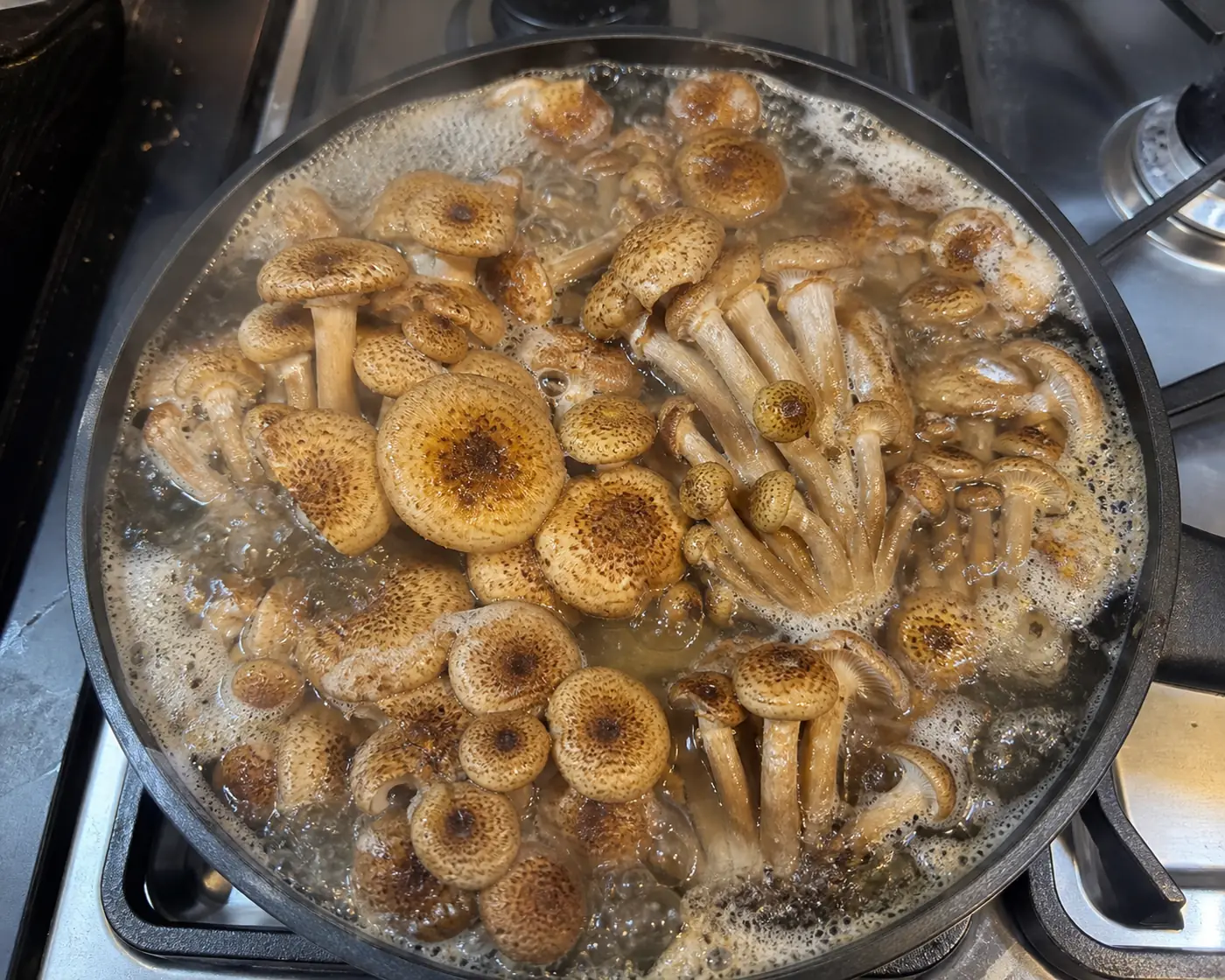 Honey fungus caps boiling hard in cloudy water with foam gathering at the edge of the pan
