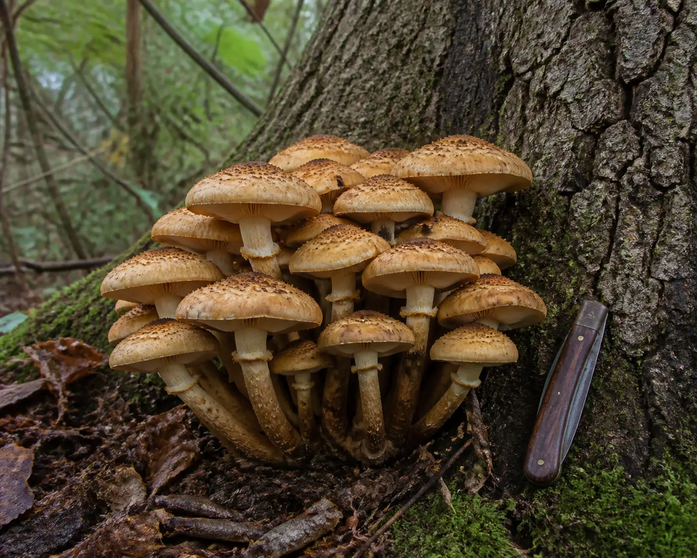 A tight cluster of honey fungus at the foot of a broadleaf trunk with a folding knife resting on the bark beside it