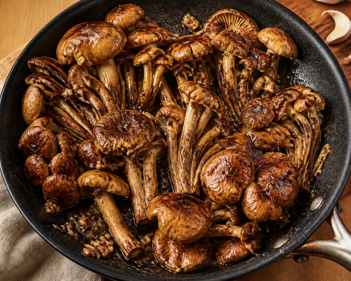 Honey fungus caps browned in butter with garlic in a black pan after boiling, deeply colored and reduced