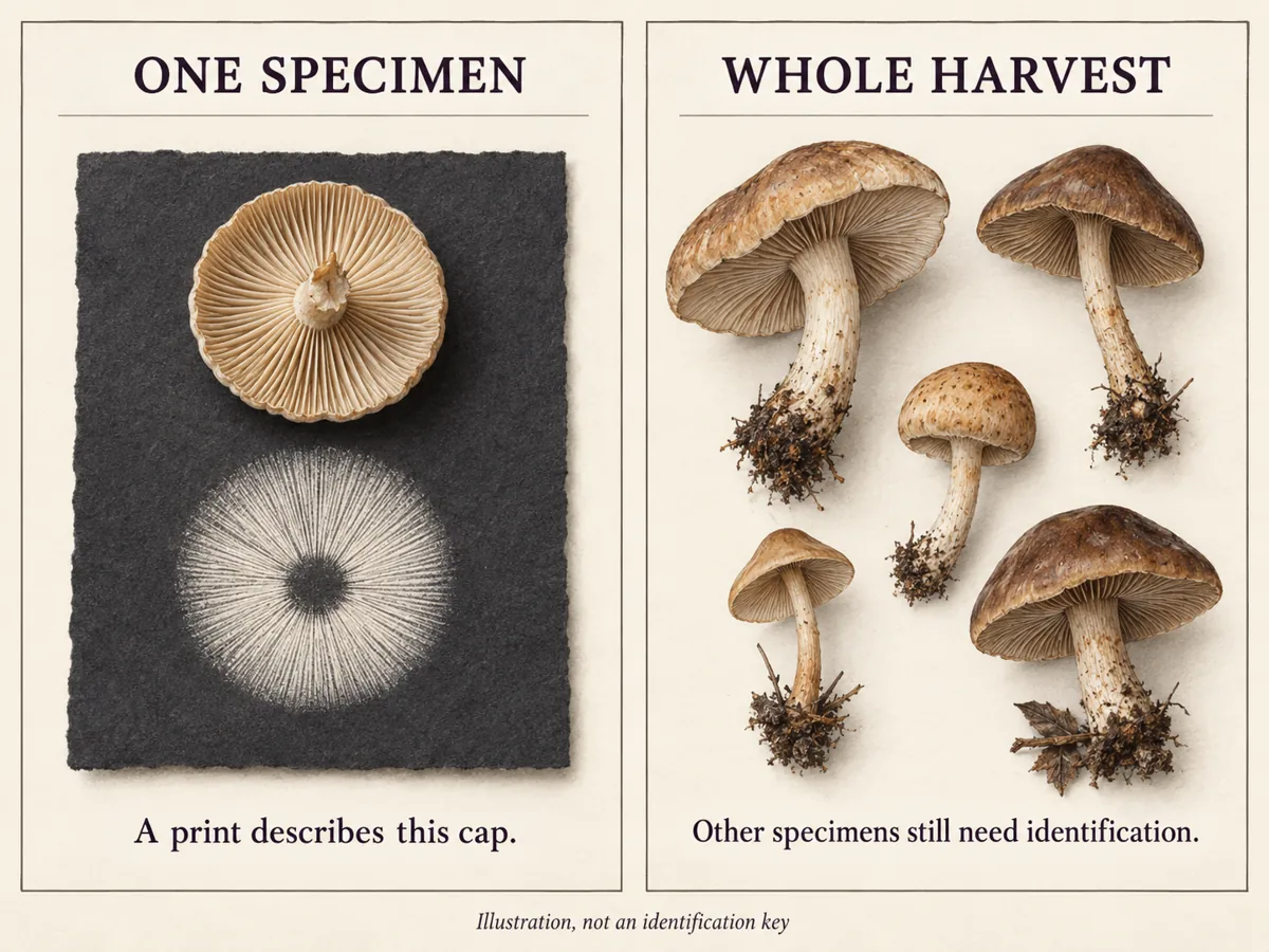 One mushroom cap and a pale spore deposit beside five separate mushrooms awaiting identification