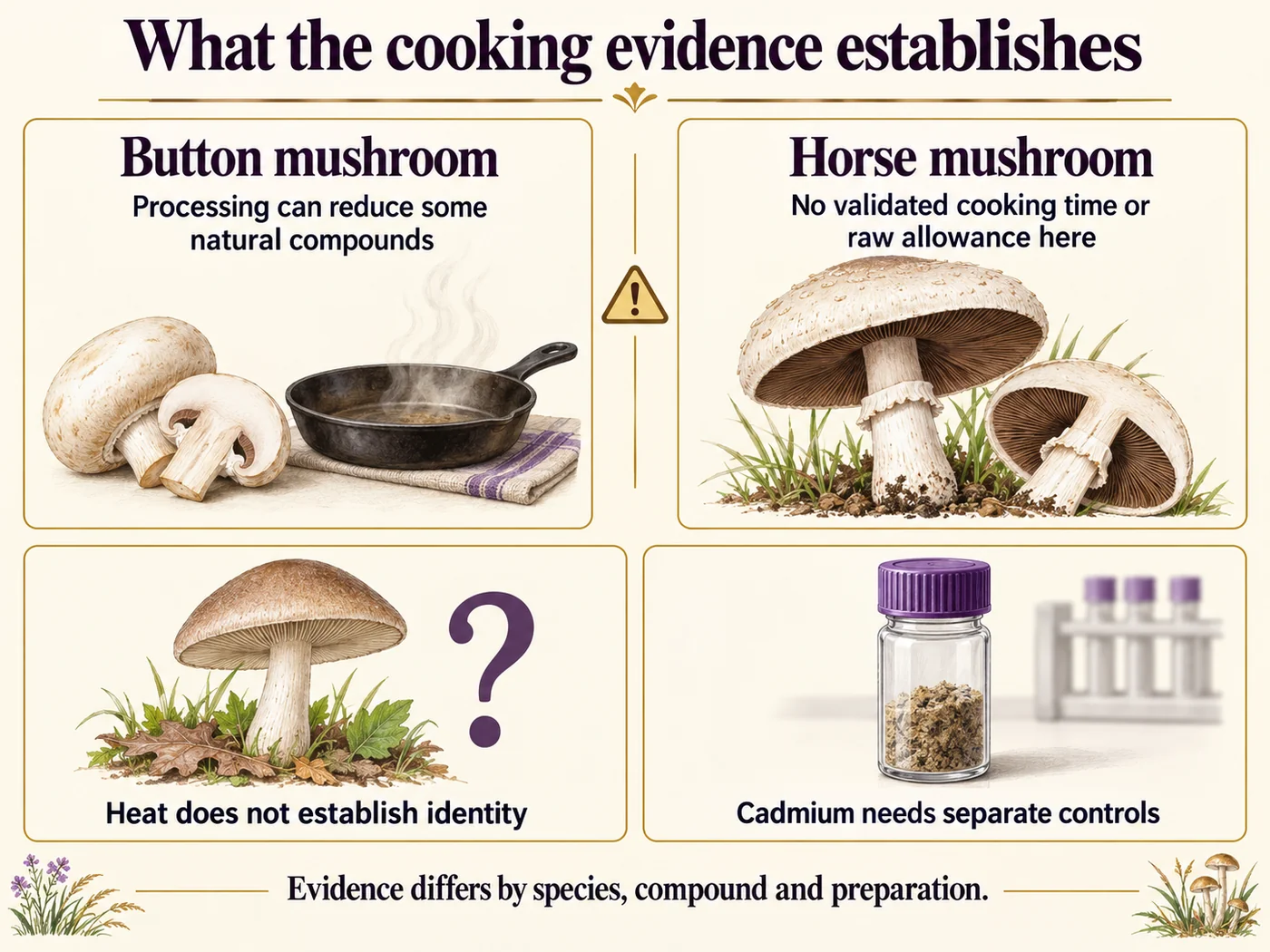 Diagram separating button-mushroom processing evidence from unknown horse-mushroom cooking thresholds, identity and cadmium questions