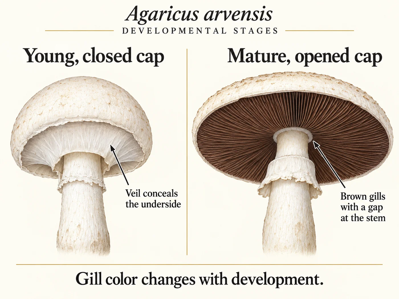 Paired schematic views of a young cap with its underside concealed by a veil and an opened mature cap with brown free gills