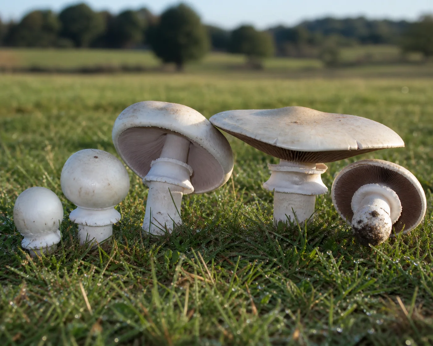 An arc of horse mushrooms coming up through short grazed pasture grass at several stages of opening with dew on the grass