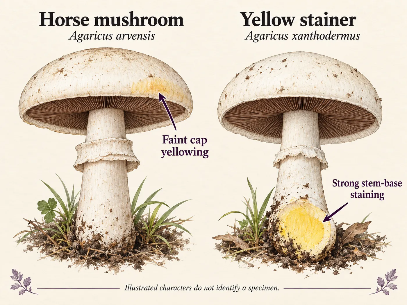 Field-guide diagram contrasting faint horse-mushroom cap yellowing with bright yellow staining at a cut yellow-stainer stem base