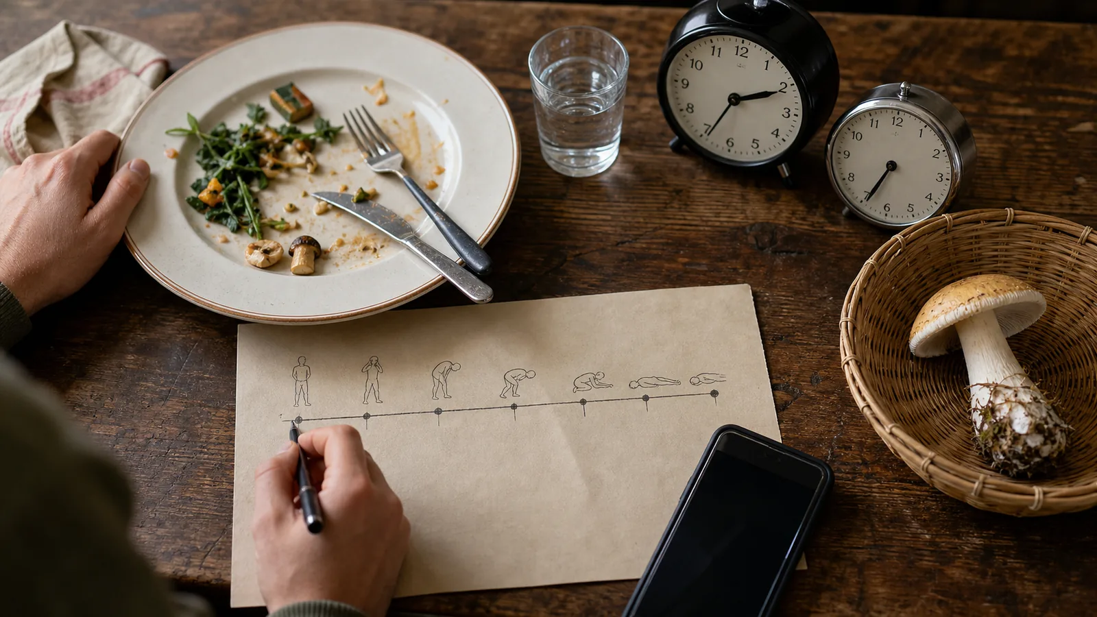 Wild mushroom specimen beside separate meal and symptom clocks