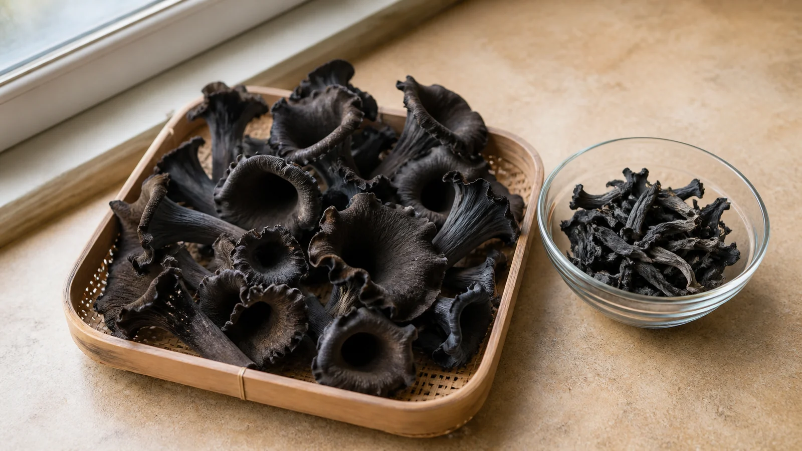 Fresh and dried black trumpet mushrooms arranged for careful kitchen preparation - black trumpet pregnancy safety | KnowTheSpore