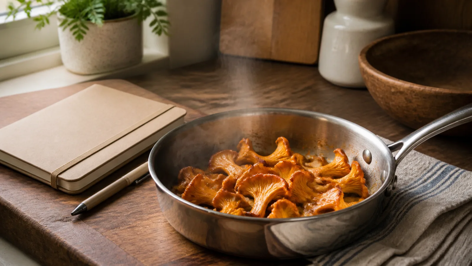 A small skillet of cooked golden chanterelles beside a prenatal appointment notebook on a clean kitchen counter