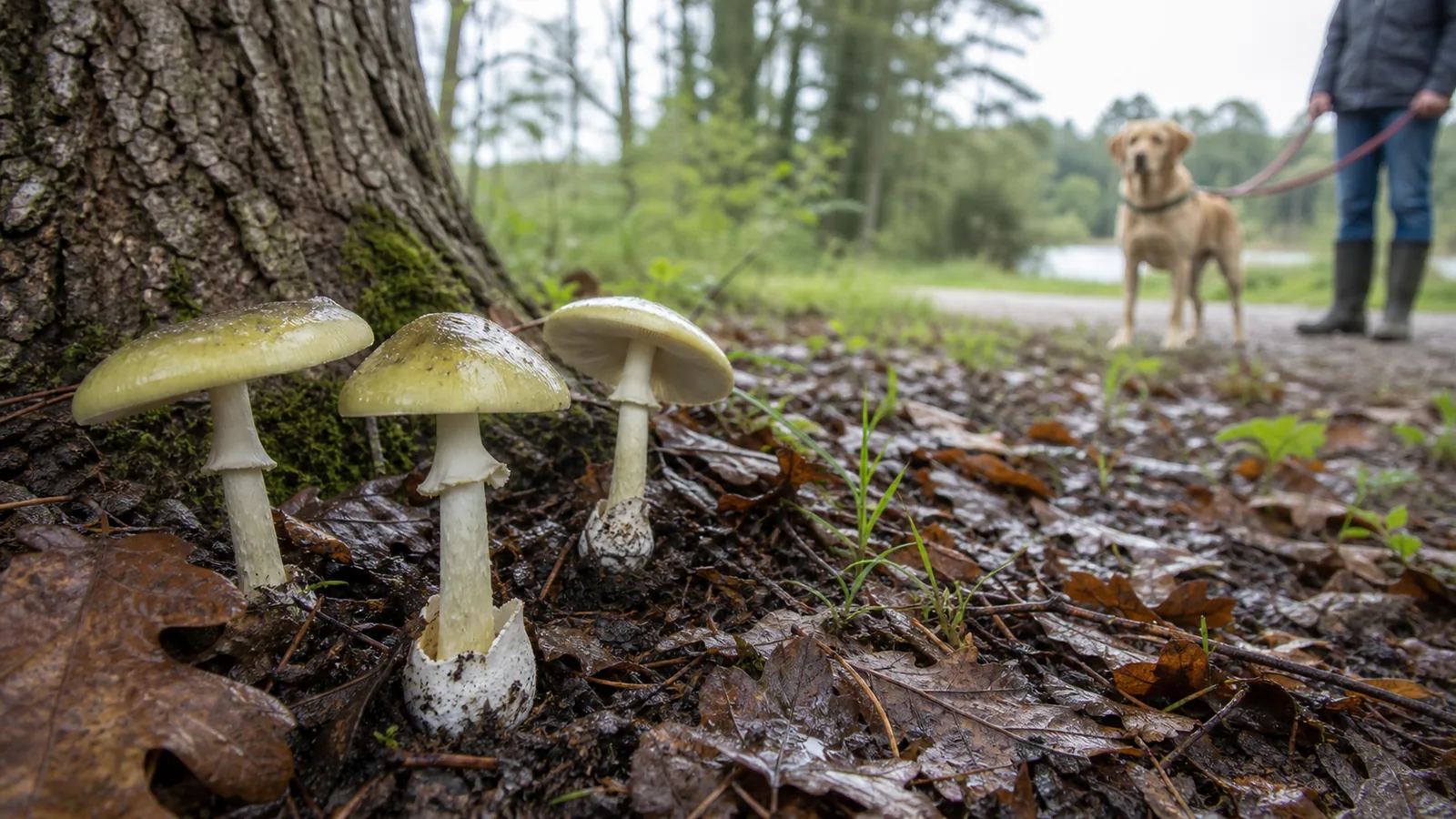 Death cap mushrooms beneath an oak with a leashed dog kept at a safe distance