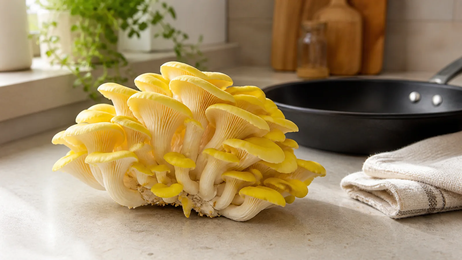 Fresh golden oyster mushrooms beside a clean skillet setup - golden oyster pregnancy safety | KnowTheSpore