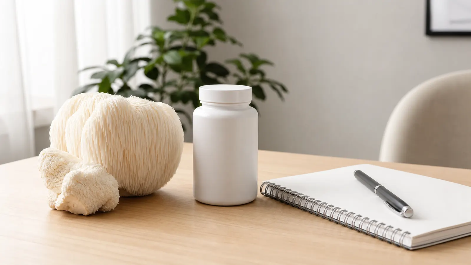 Lion's mane mushroom, plain supplement container, and appointment notebook