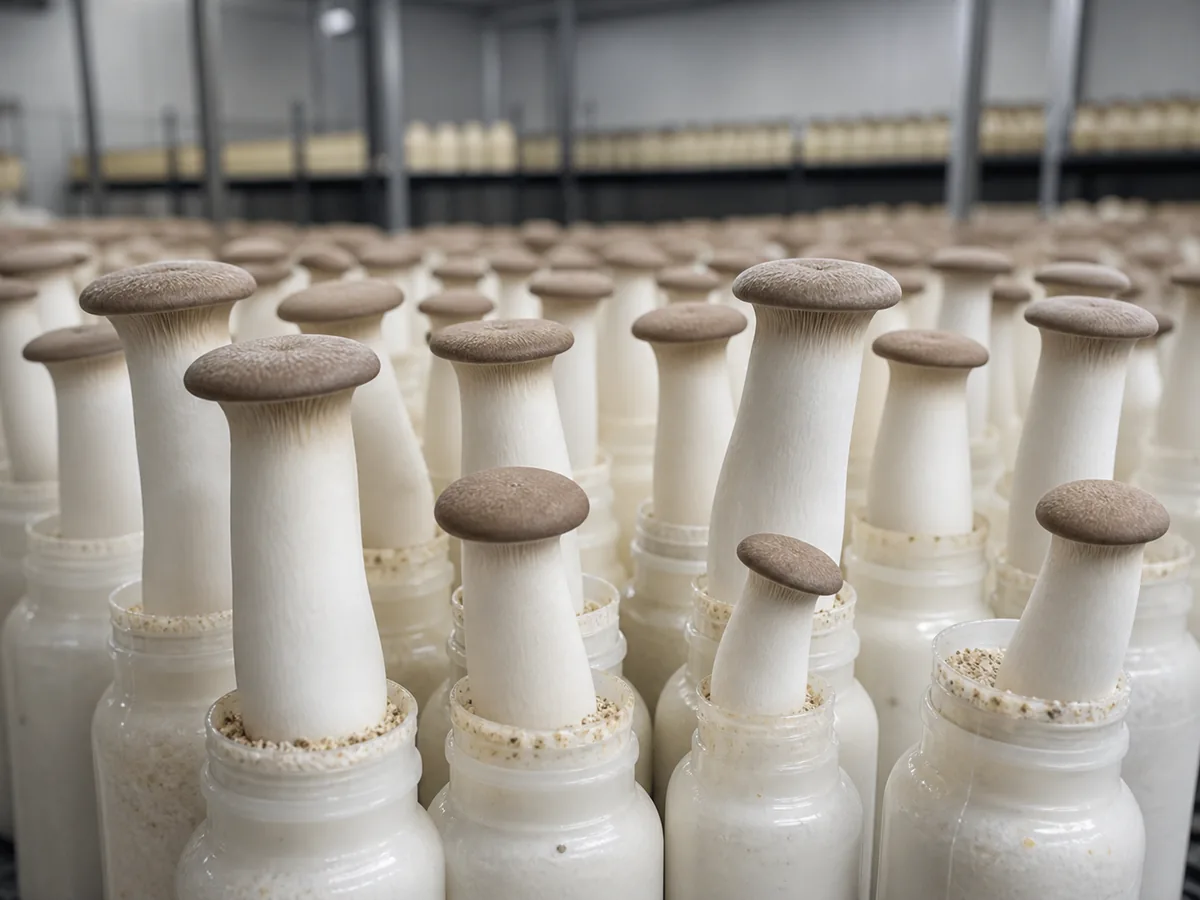 King oyster mushrooms fruiting upright in a clean commercial growing room - cultivated king oyster source