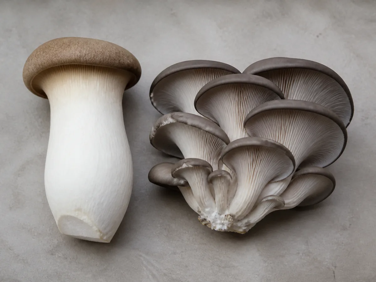 Whole king oyster beside a gray oyster mushroom cluster - king oyster and oyster mushroom comparison