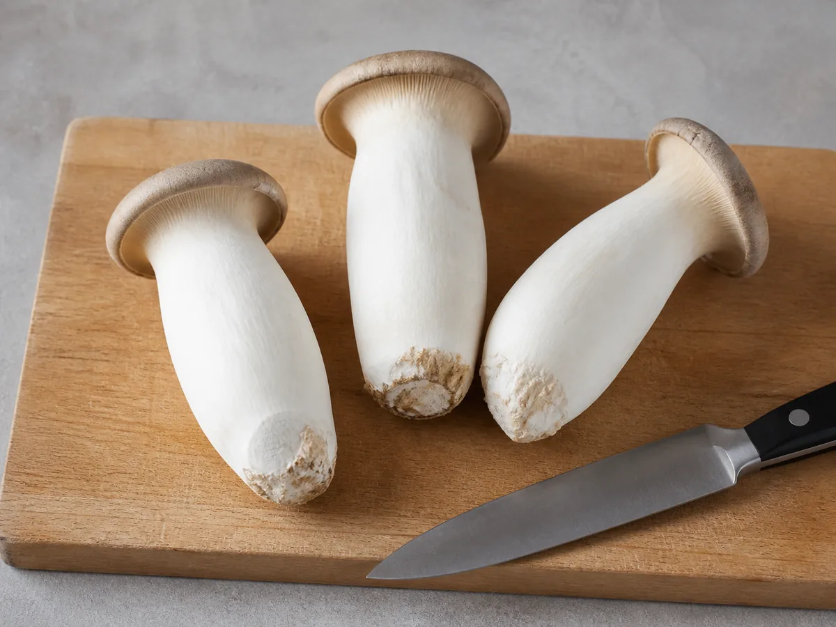 Whole king oyster mushroom with a small tan cap and thick white stem beside a knife - king oyster pregnancy safety