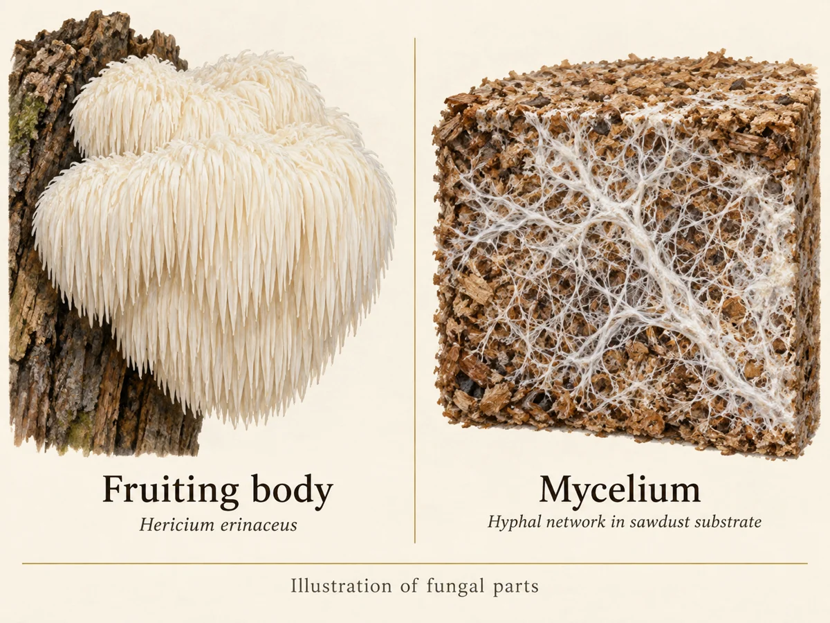 Illustration comparing a toothed lion's mane fruiting body with white mycelial threads through a substrate block