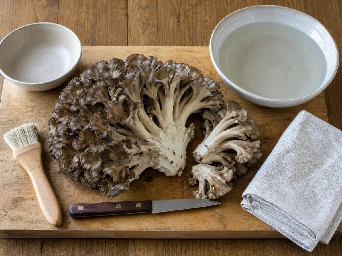 Maitake opened on a wooden board beside a soft brush, paring knife, water bowl, empty bowl, and clean towel