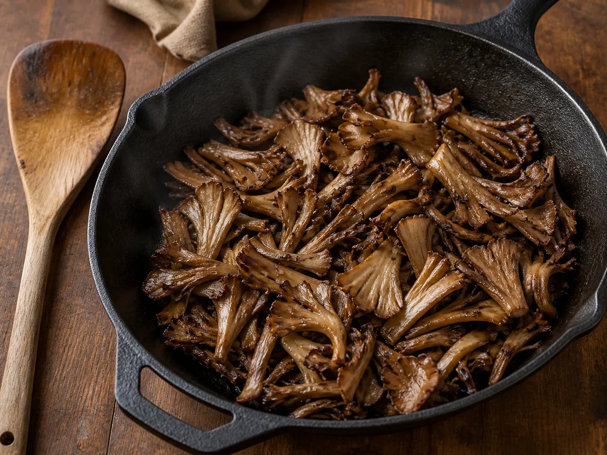Tender browned maitake fronds and smaller core pieces steaming in a shallow skillet