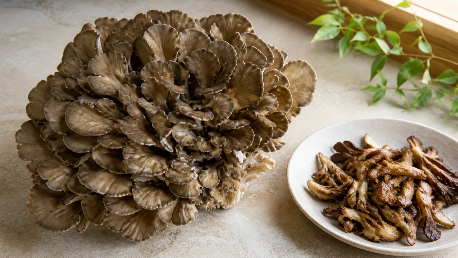 Whole maitake cluster beside separated cooked portions and a clean skillet - maitake pregnancy safety | KnowTheSpore