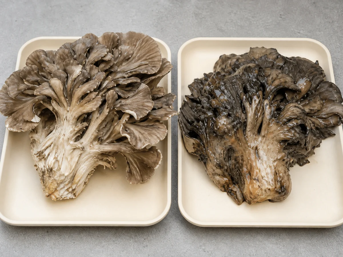 Sound resilient maitake fronds separated from a dark wet collapsed section attached to a soft base