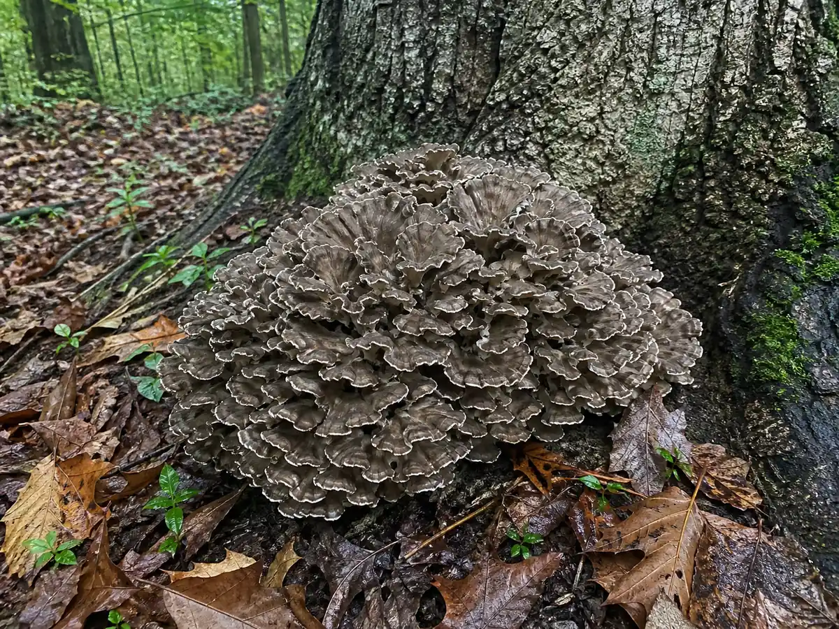 One intact maitake rosette growing at the base of an oak with overlapping gray-brown fan caps and a pale branching core