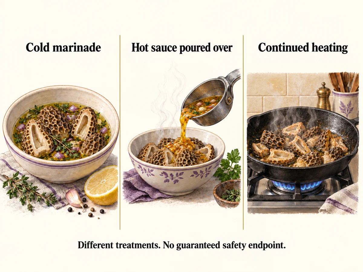 Parallel illustrated panels show cold marination, hot sauce poured onto morels and morels heated in a skillet