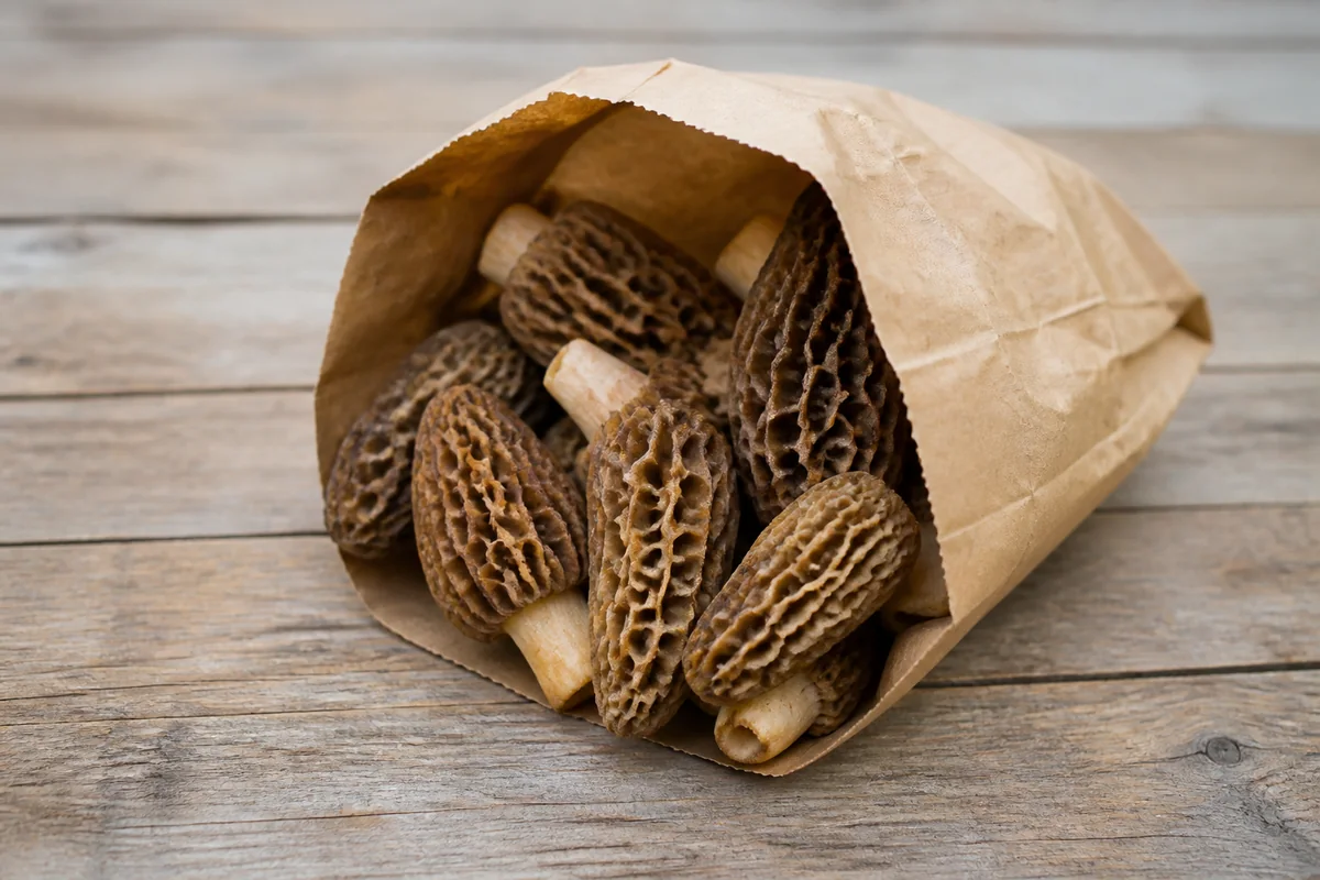 Dry firm whole true morels fully visible in an open paper bag on a clean market counter - choosing fresh morels during pregnancy