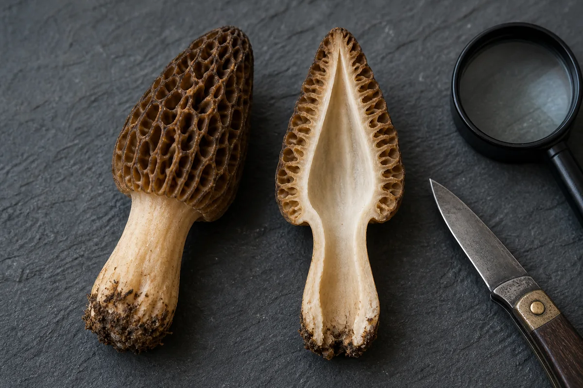 An intact true morel and a lengthwise cut specimen beside a hand lens and mushroom knife, showing the pitted cap and continuous hollow interior - true morel identification during pregnancy
