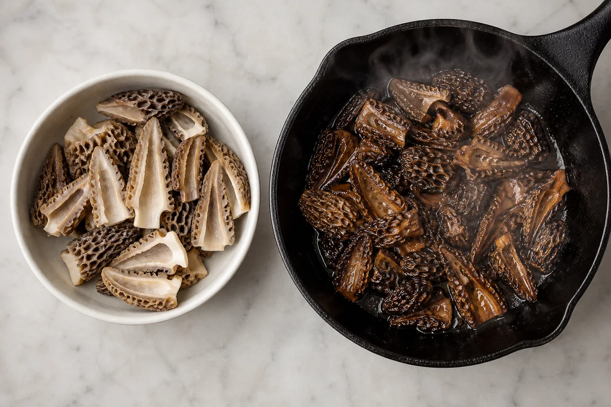 Uncooked pale true morels in one dish beside a separate fully cooked browned portion, with no overlap between the preparations - raw and cooked morels during pregnancy