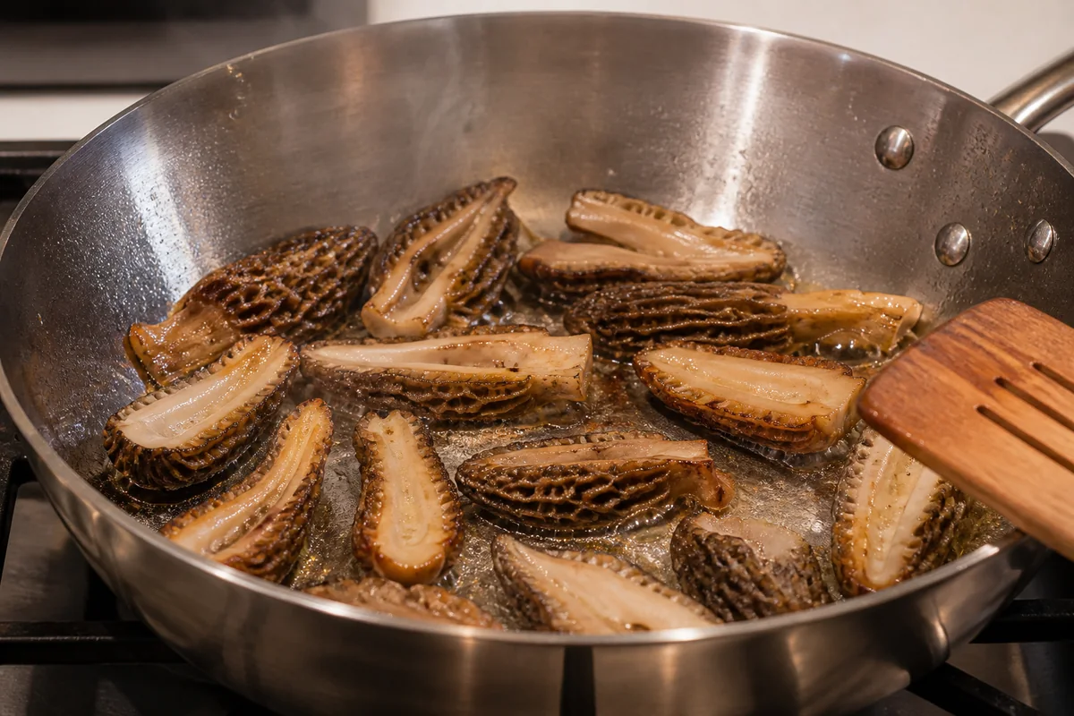 Split true morels sizzling in one layer in a stainless skillet with steam and browned edges - thoroughly cooking morels during pregnancy